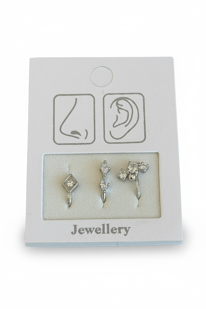 Gümüş Renk Karışık Figürlü Deliksiz Kulak/Burun 3'lü Piercing Set