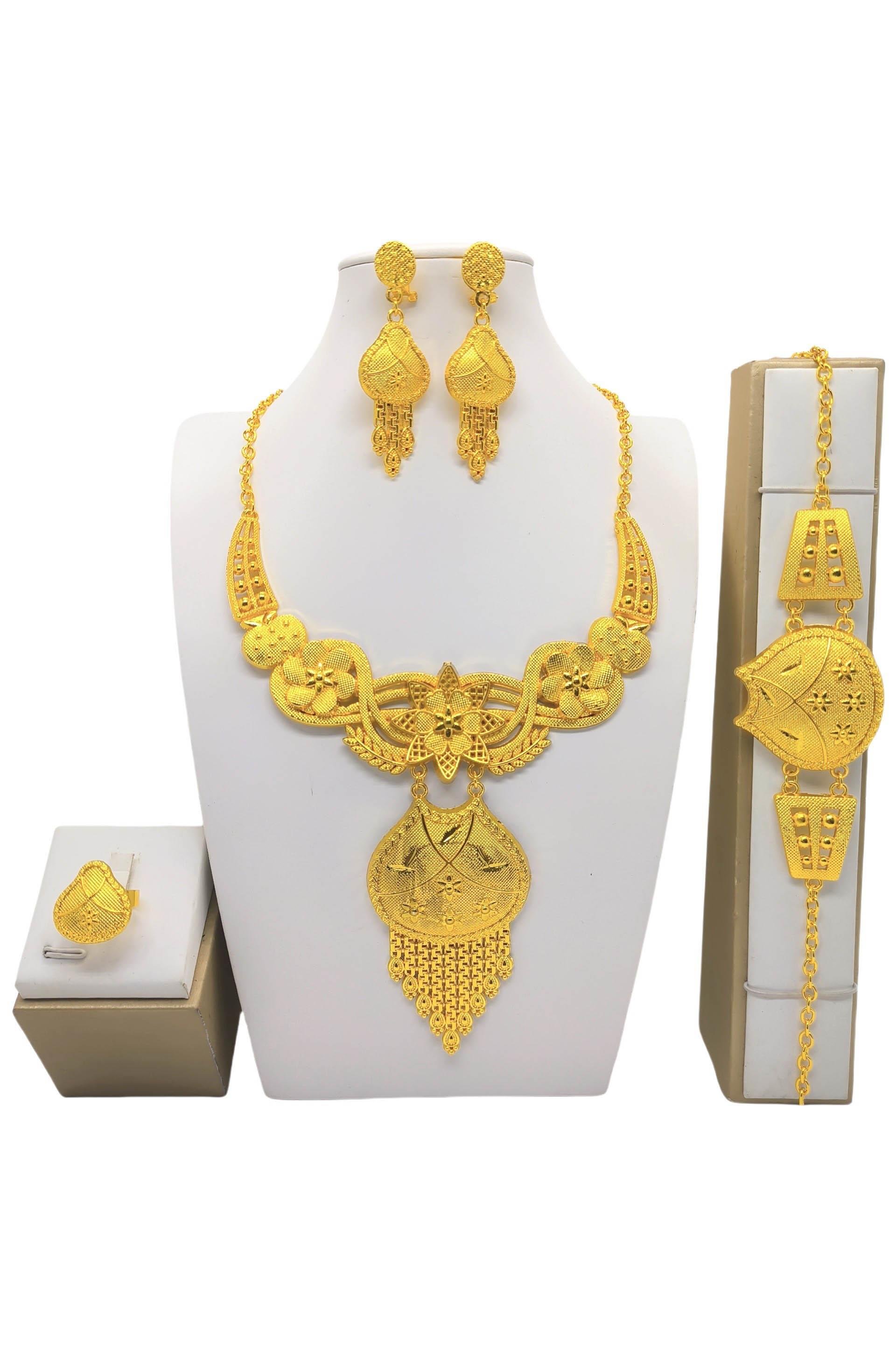 Altın Renk Çelik Kolye, Küpe, Bileklik, Yüzük Düğün Kına Nişan Gelin Seti