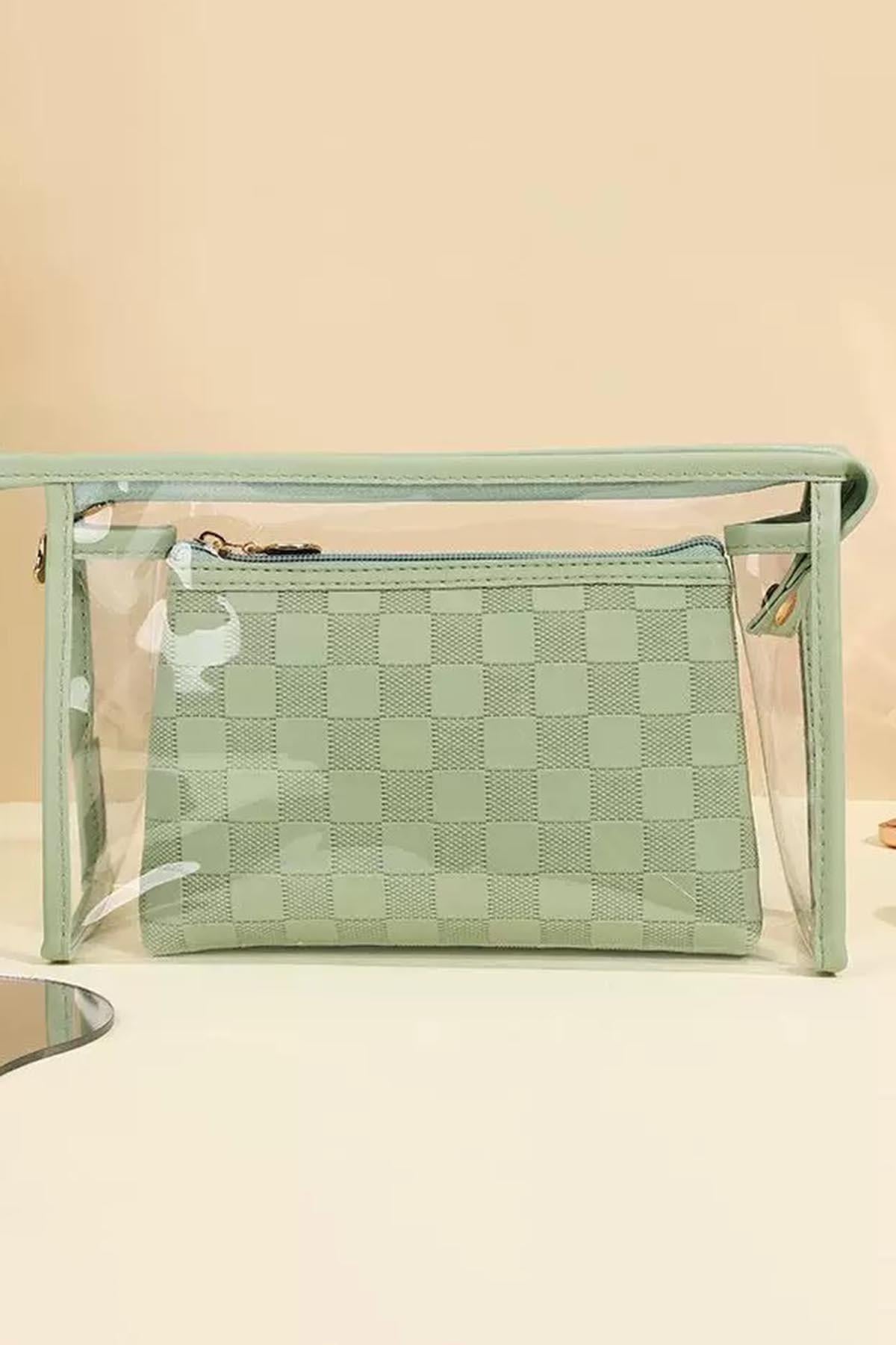 Yeşil Renk 2'li Şeffaf Makyaj Çantası
