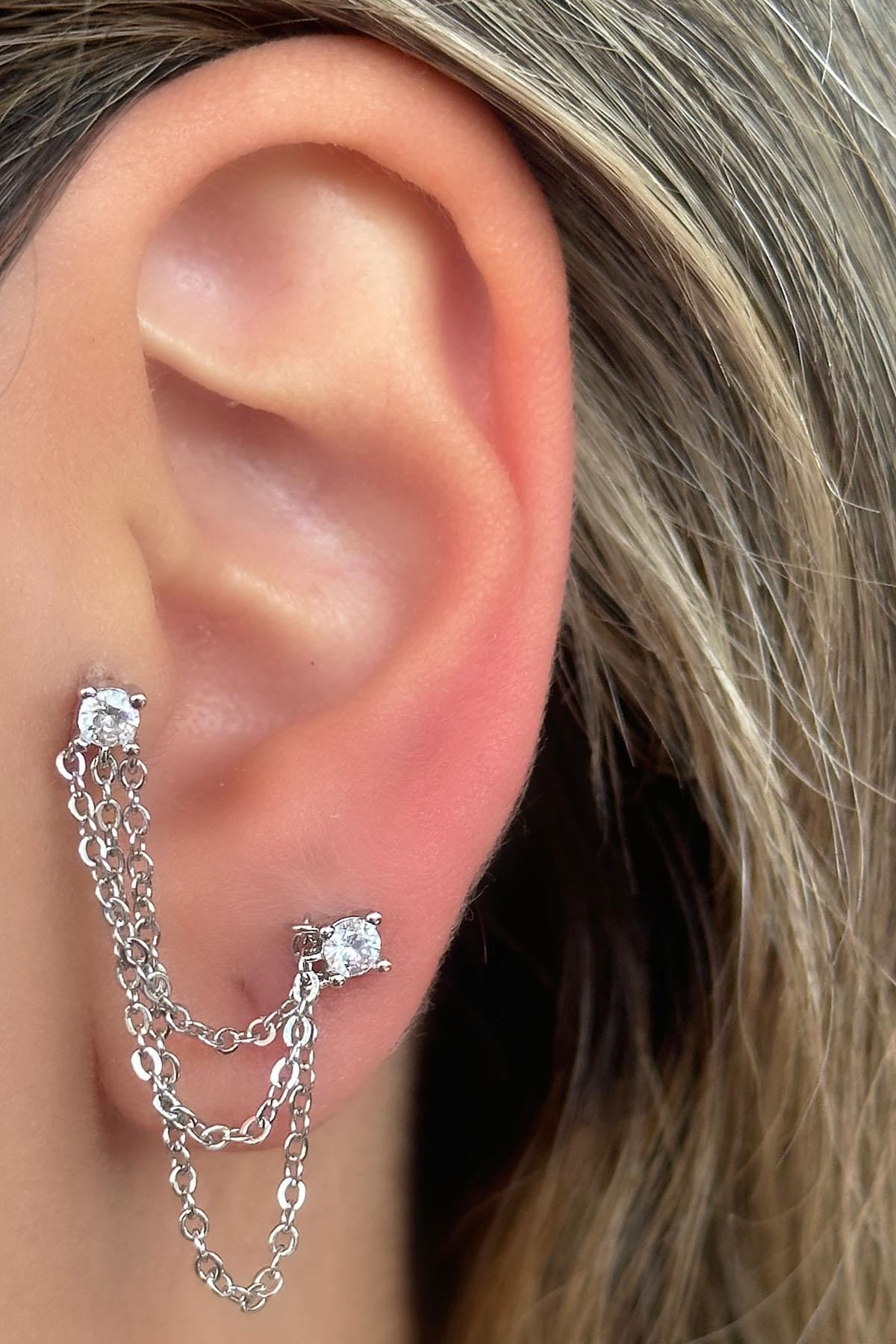 Gümüş Renk Taş Detaylı İkili Cerrahi Çelik Piercing