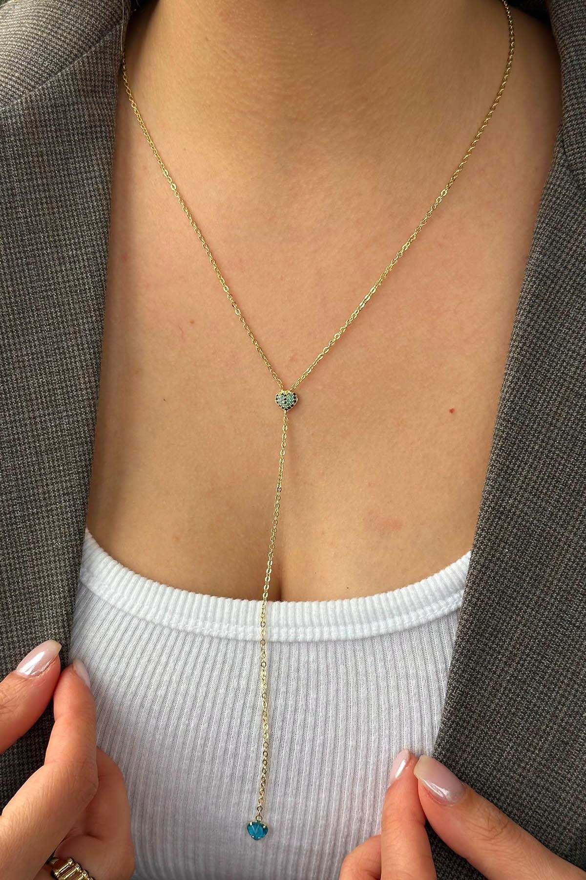 Altın Renk Taş Detaylı 14K Altın Kaplama VİP Y Kolye