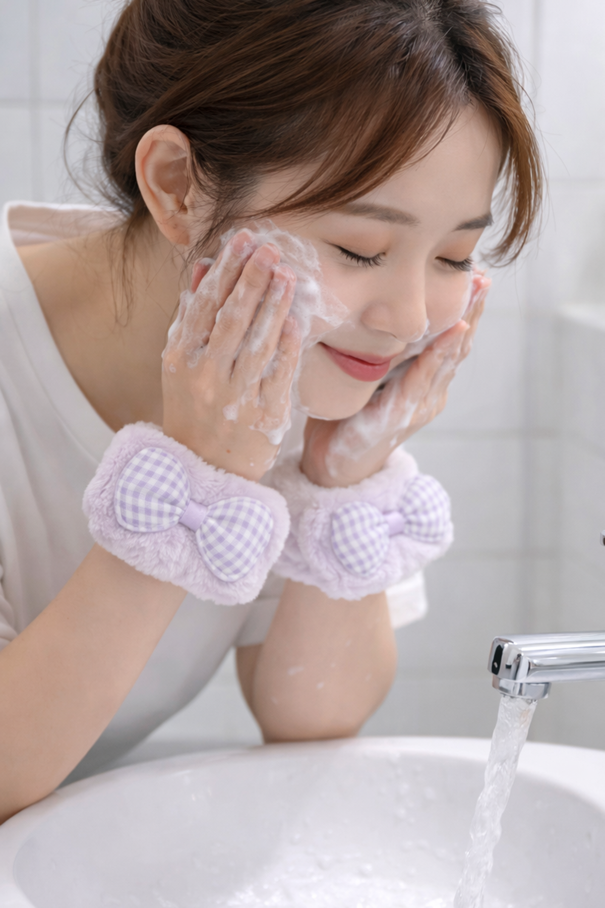 Mor Renk İkili Kurdele Figürlü Peluş Su Tutucu Havlu Bileklik