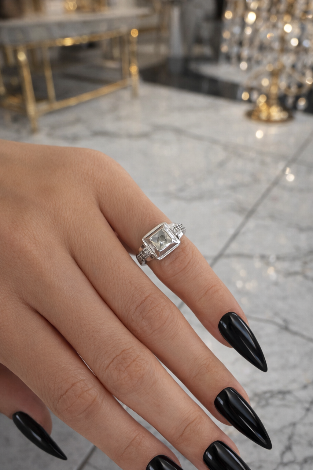 Gümüş Renk Taşlı Serçe Parmak Yüzük (Ayarlanabilir)