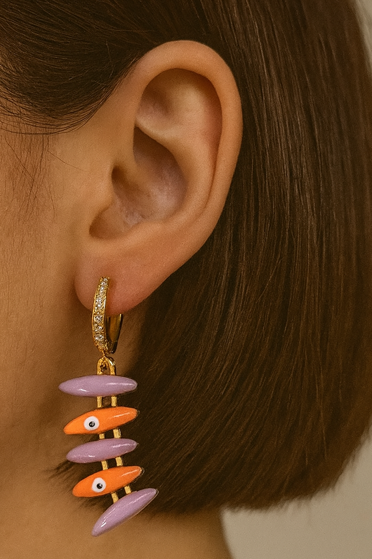 Altın Ve Karışı Renk Sallantılı 14K Altın Kaplama TX Küpe (Çift)