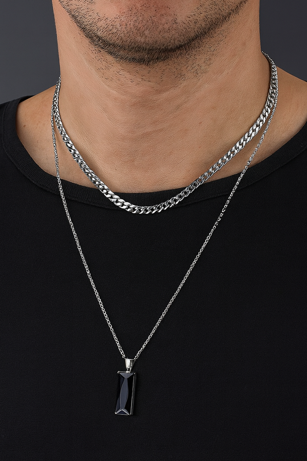 Gümüş Renk Taş Detaylı Erkek İkili Zincir Çelik Kolye 