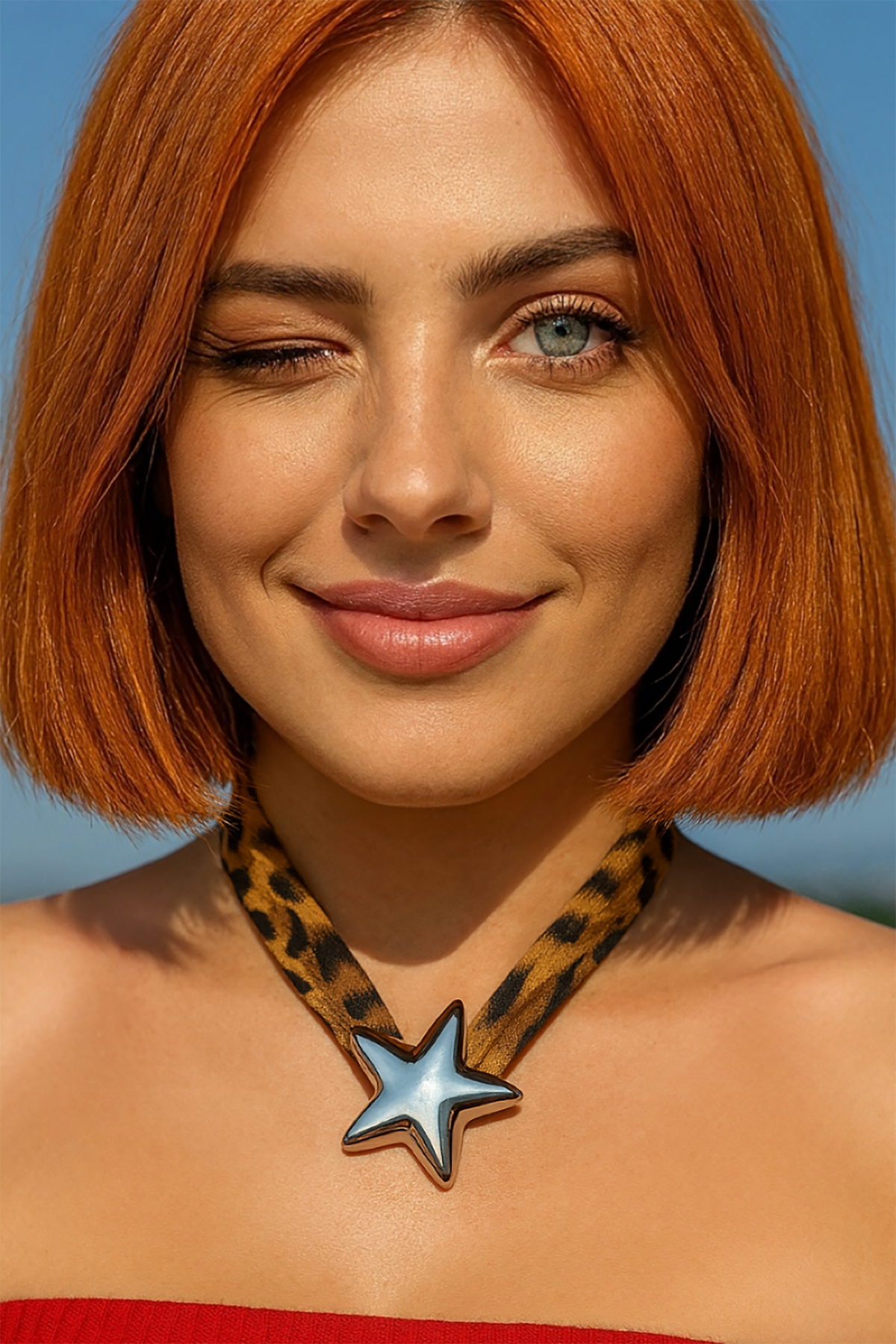 Gümüş Renk Leopar Desenli Yıldız Figürlü Tasarım Kolye