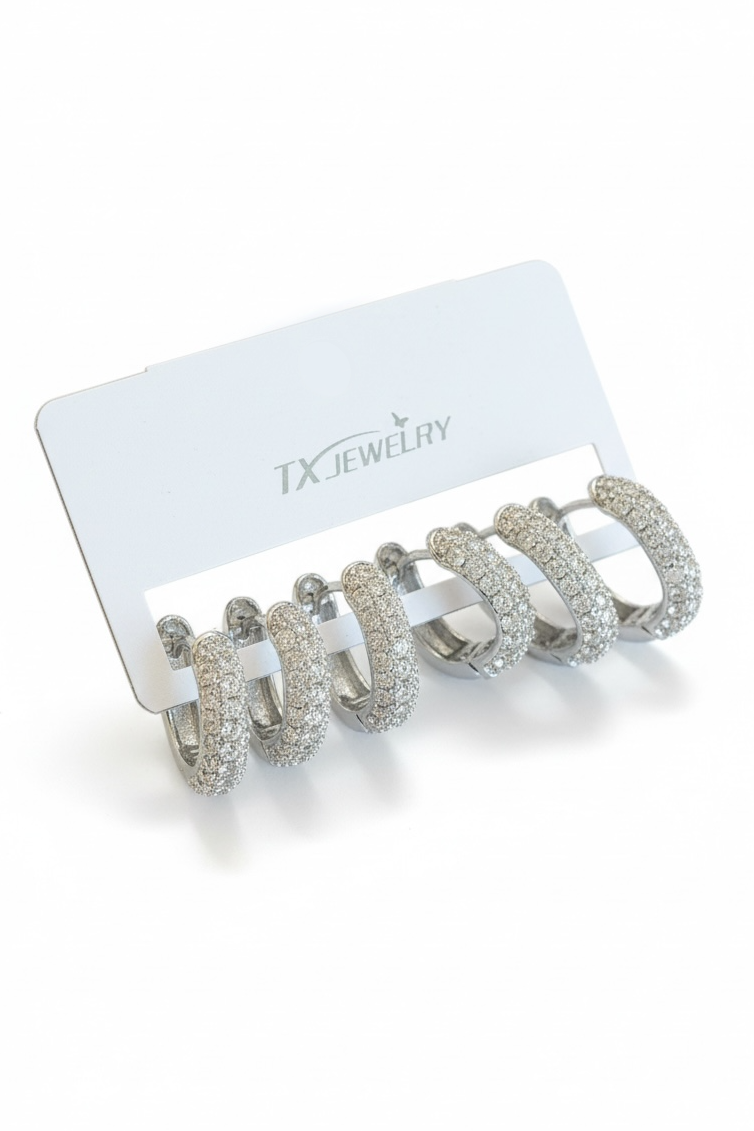 Gümüş Renk 6'lı Taş Detaylı TX 14K Altın Kaplama Küpe Set