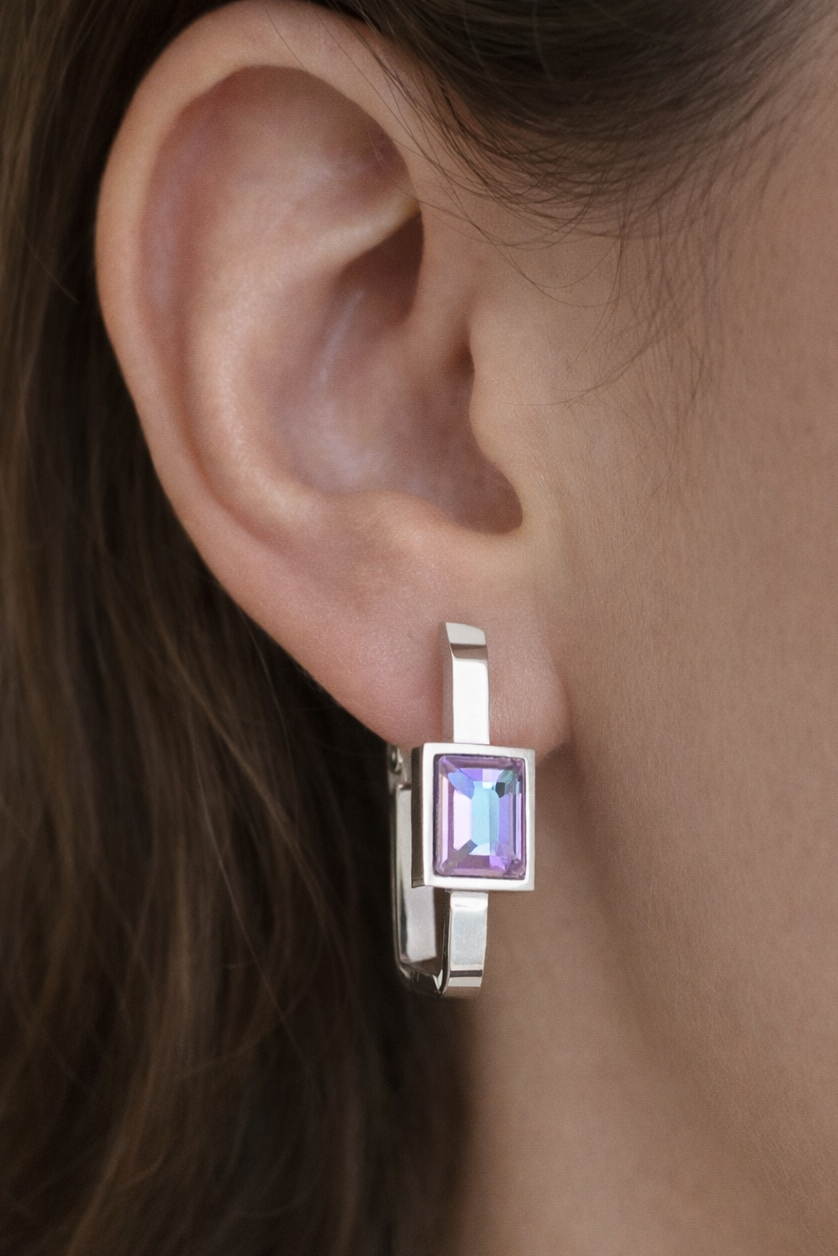 Gümüş Renk Taş Detaylı Çelik Küpe (Çift)