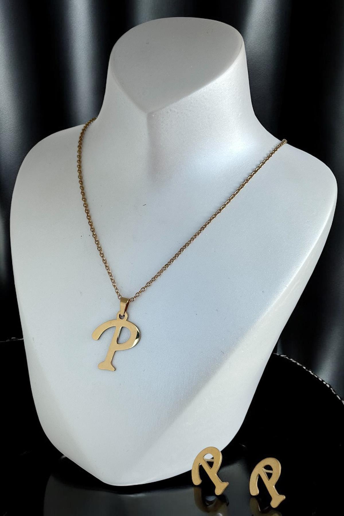 Altın Renk P Harfli Çelik Kolye Ve Küpe Set
