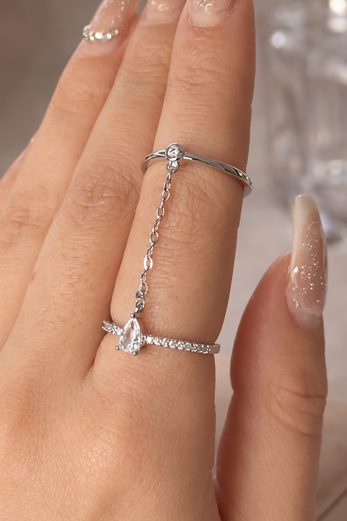 Gümüş Renk Taş Detaylı Sallantılı İkili Ayarlanabilir Yüzük