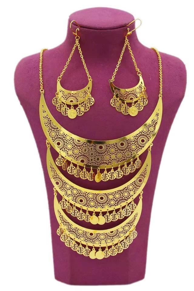 Altın Renk Sallantılı Kolye Ve Küpe Düğün Kına Nişan Gelin Seti