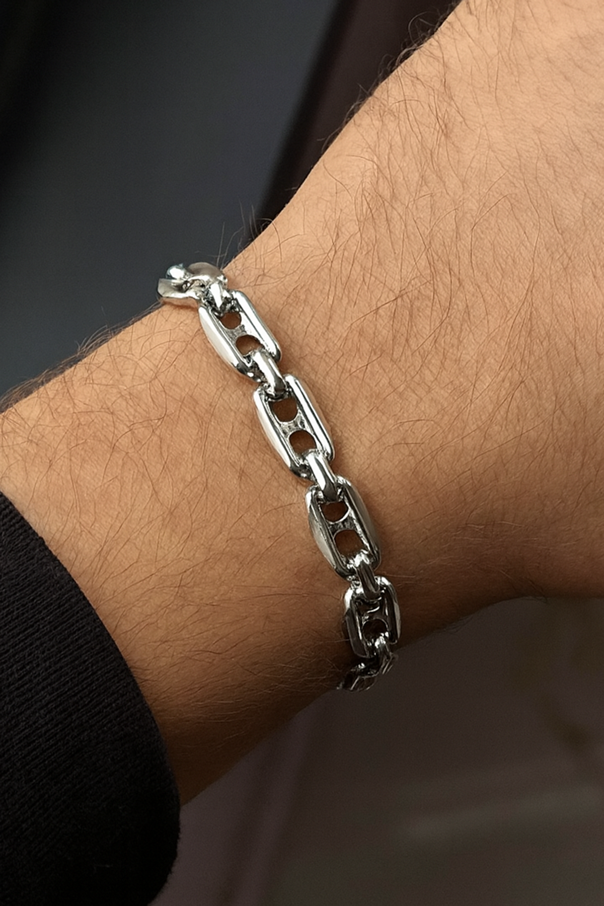 Gümüş Renk Zincir Detaylı Çelik Erkek Bileklik