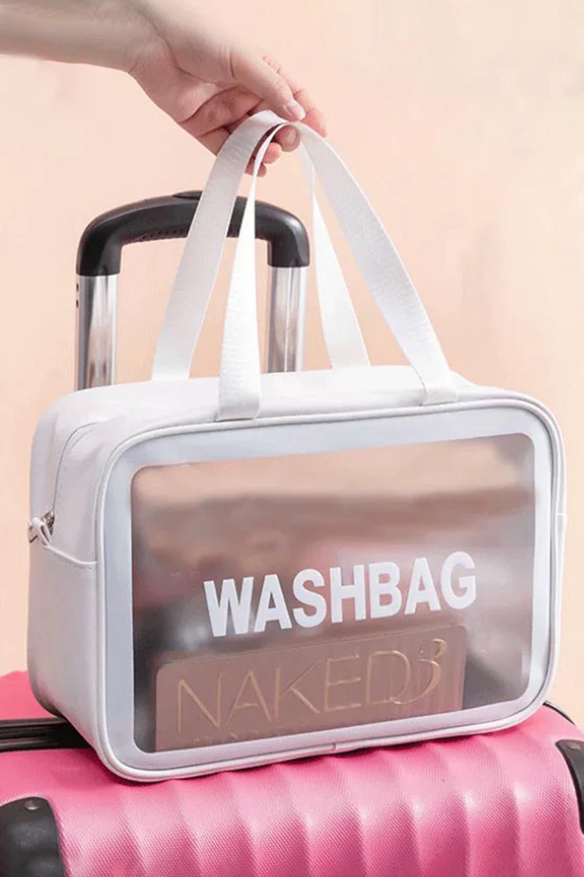 Beyaz Renk Washbag Yazılı Su Geçirmez Büyük Boy Makyaj Çantası