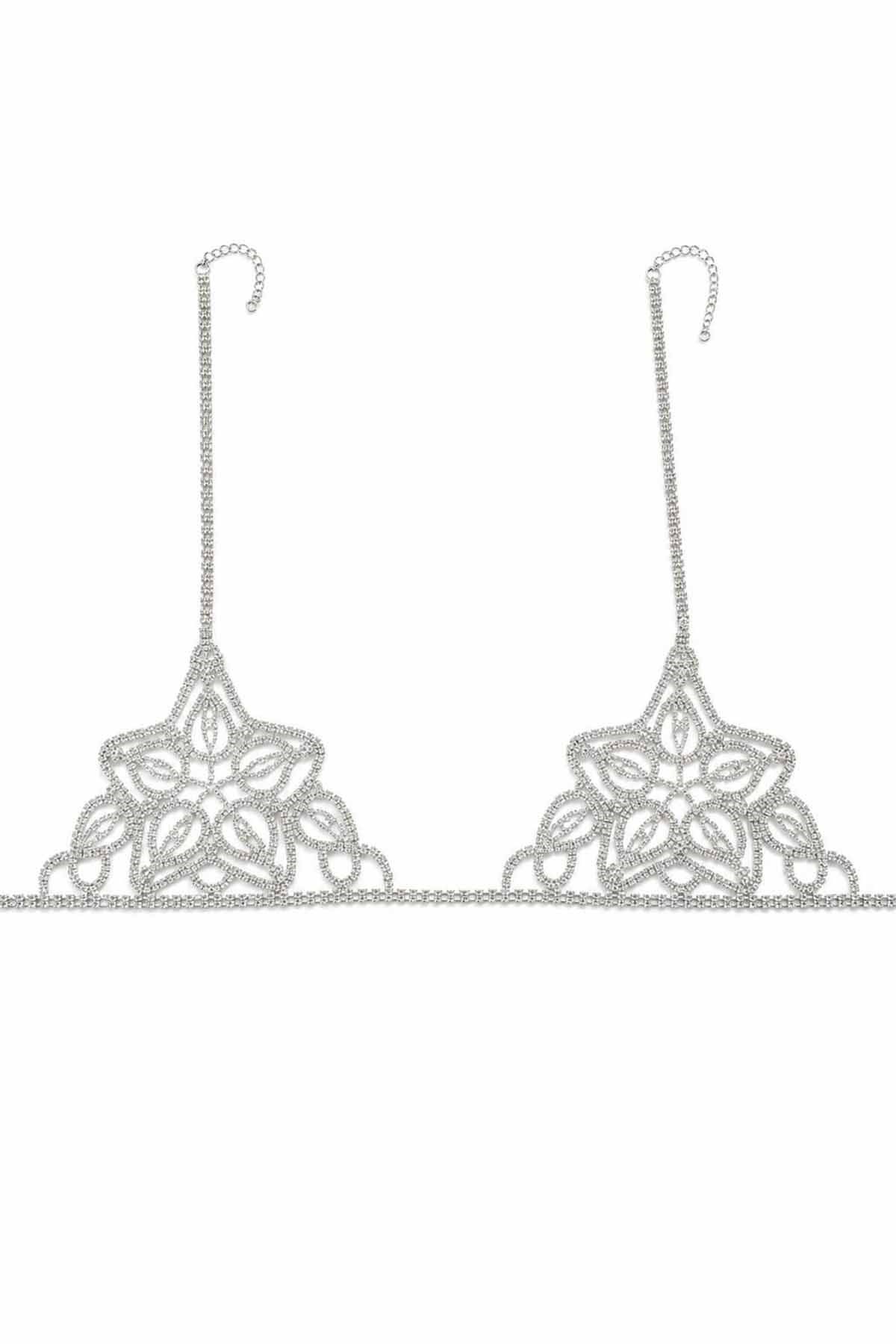 Gümüş Renk Taş Detaylı Bikini Üstü /Bralet /Vücut Aksesuarı