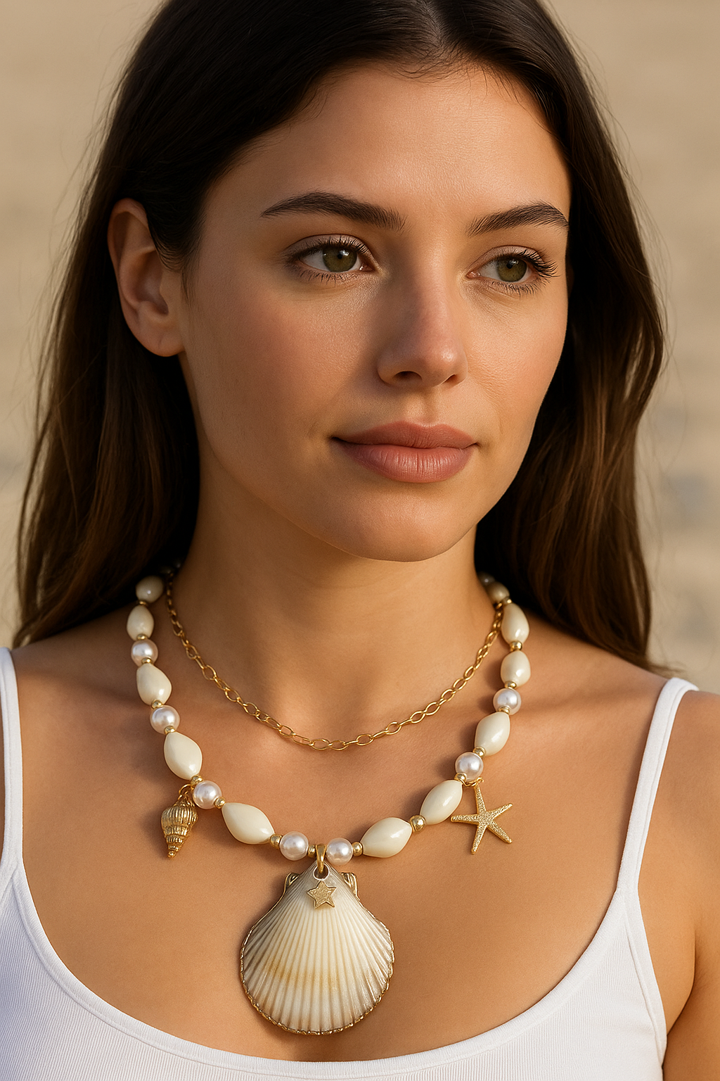 Altın Renk Deniz Kabuğu Figürlü Tasarım Kolye