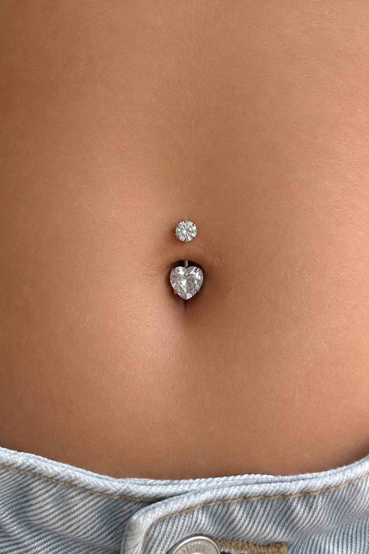 Gümüş Renk Kalp Figürlü Taşlı Cerrahi Çelik Göbek Piercing