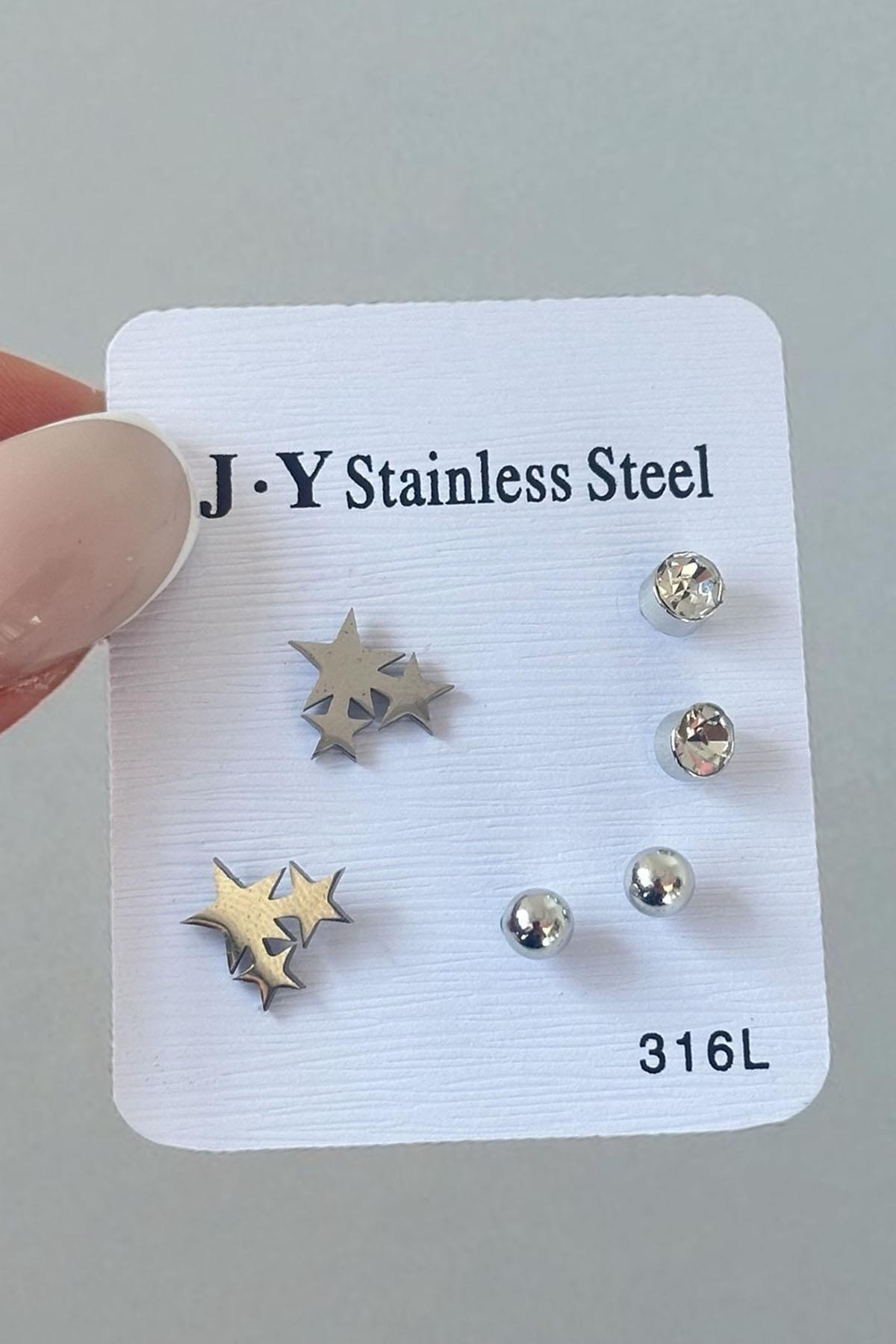 Gümüş Renk 6'lı Karışık Figürlü Çelik Küpe Set