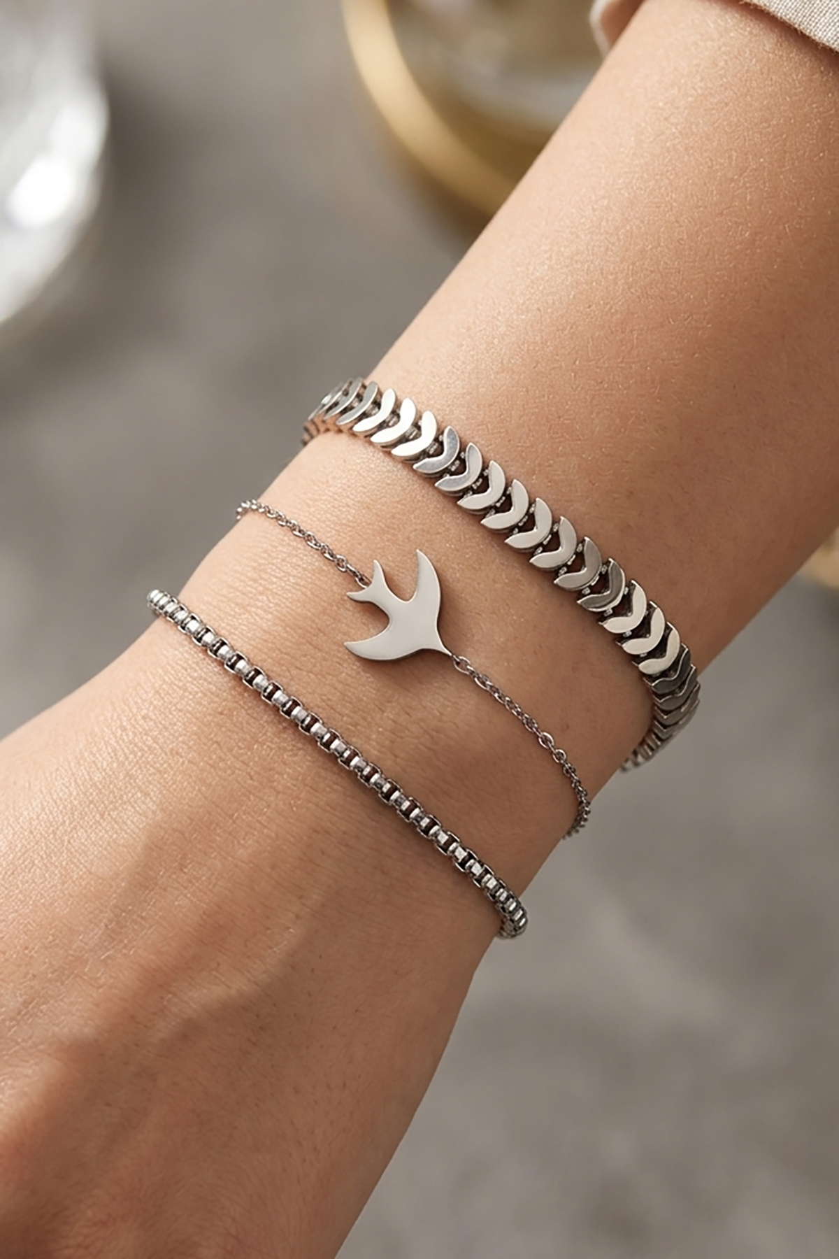 Gümüş Renk Kuş Figürlü 3'lü Çelik Bileklik