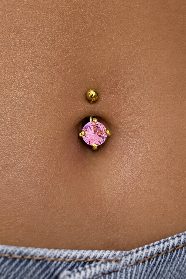 Altın Renk Pembe Taşlı Cerrahi Çelik Göbek Piercing