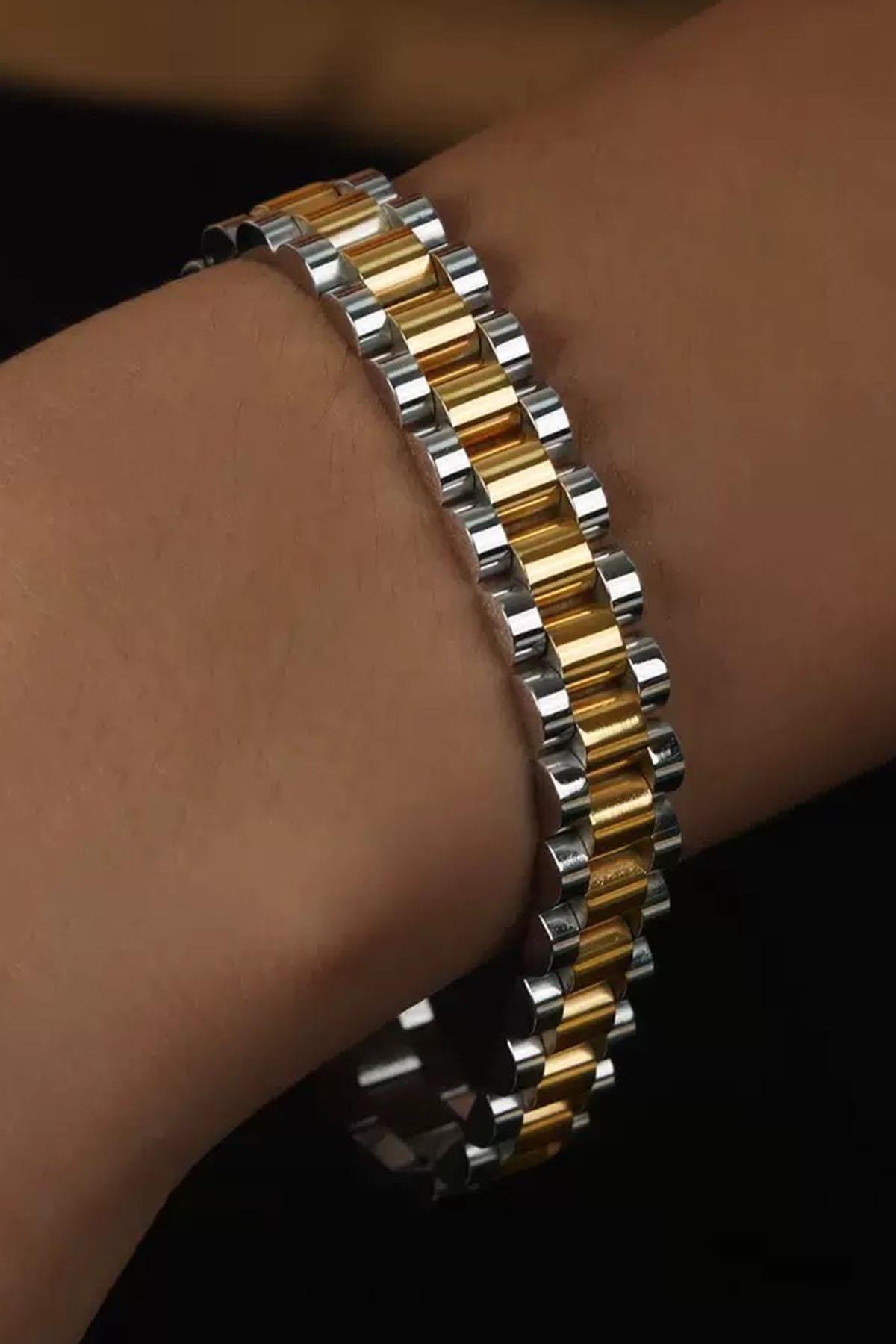 Altın Ve Gümüş Renk Zincir Detaylı Çelik Erkek Bileklik
