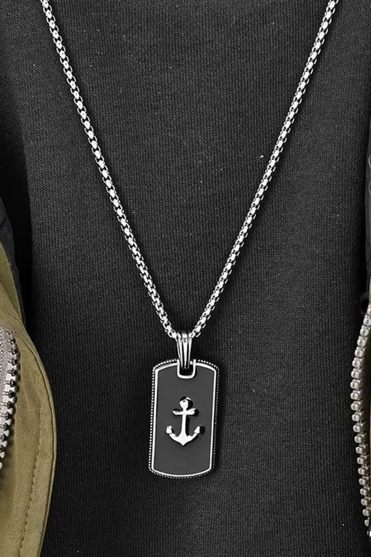 Gümüş Renk Çapa Figürlü Erkek Zincir Çelik Kolye (60cm)