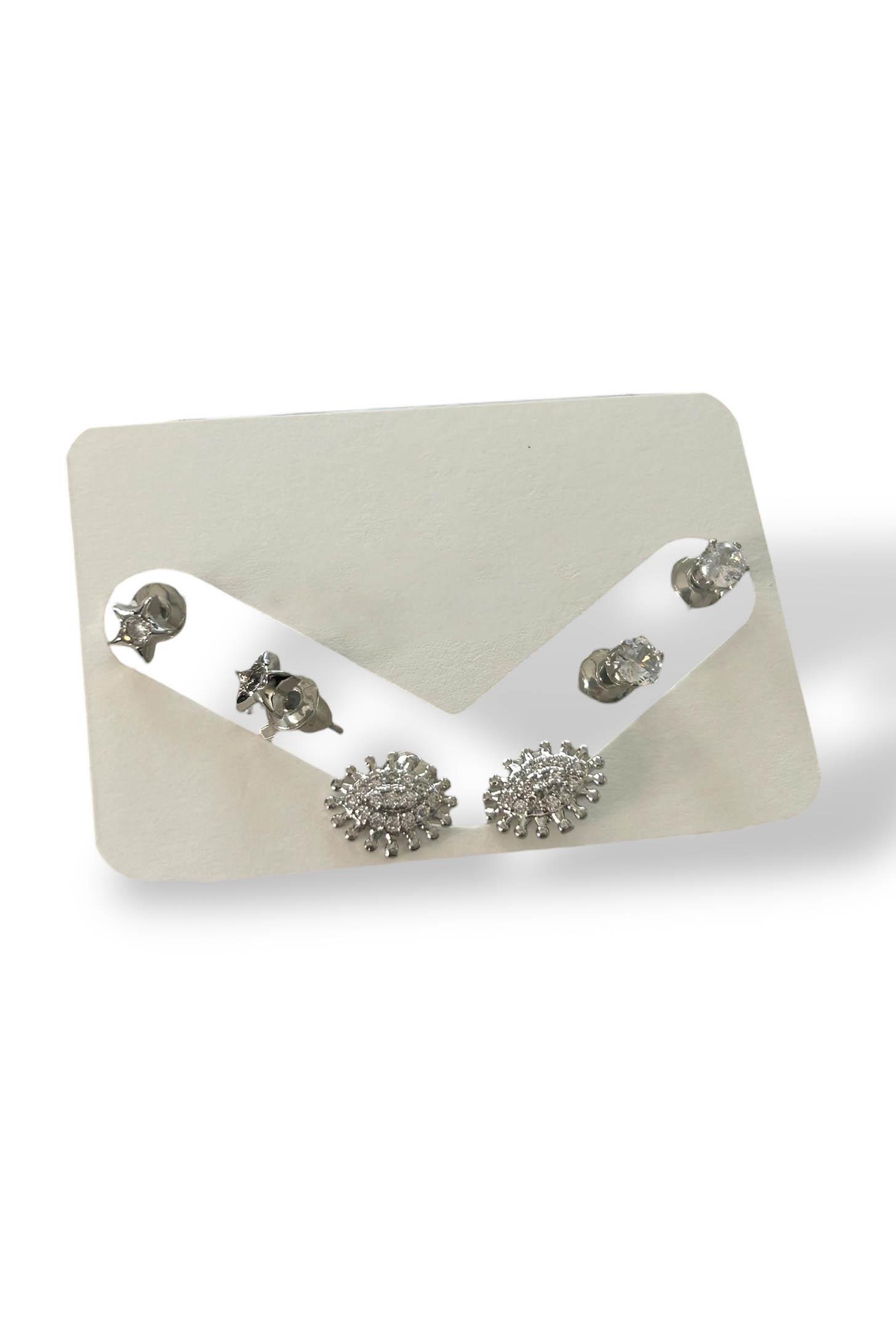 Gümüş Renk Taş Detaylı 6'lı Küpe Set