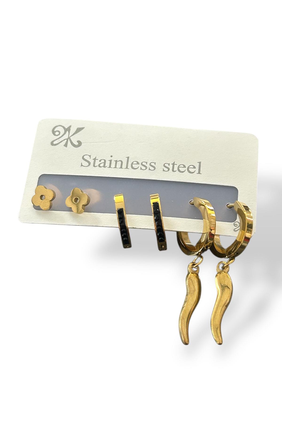 6'lı Altın Renk Karışık Figürlü Çelik Küpe Set