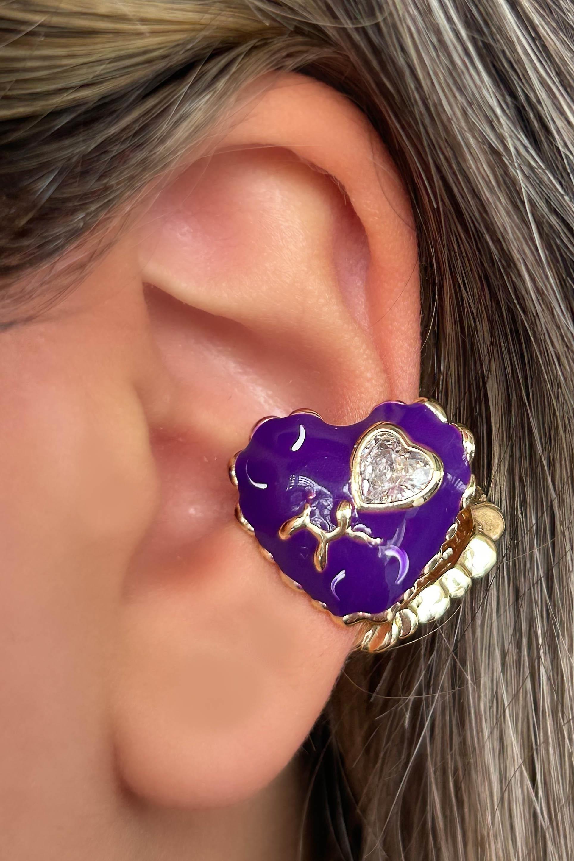 Altın Ve Mor Renk Kalp Figürlü Ear Cuff (Tek)