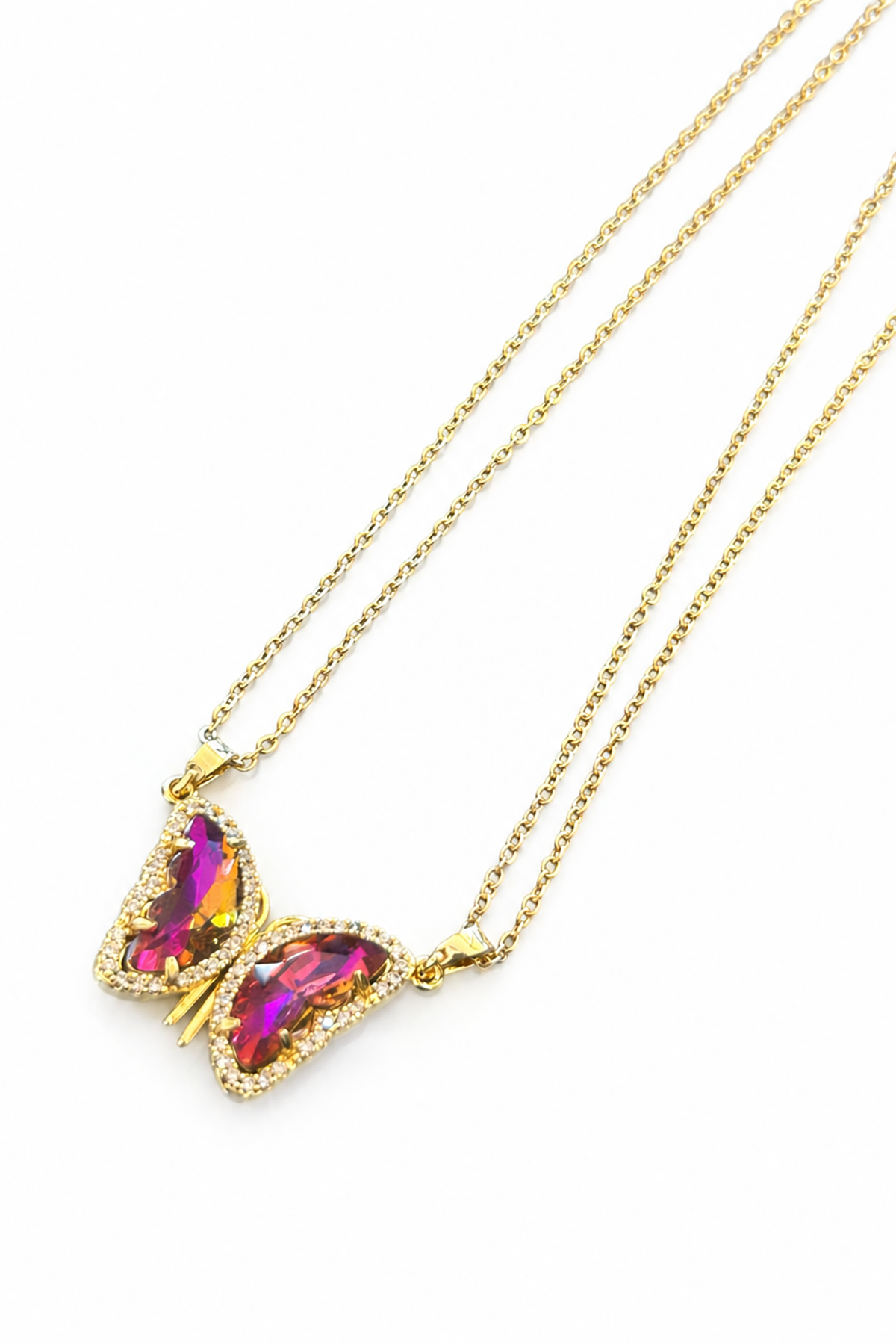 Altın Renk Kelebek Figürlü Taş Detaylı Mıknatıslı Çelik Arkadaşlık Kolyesi