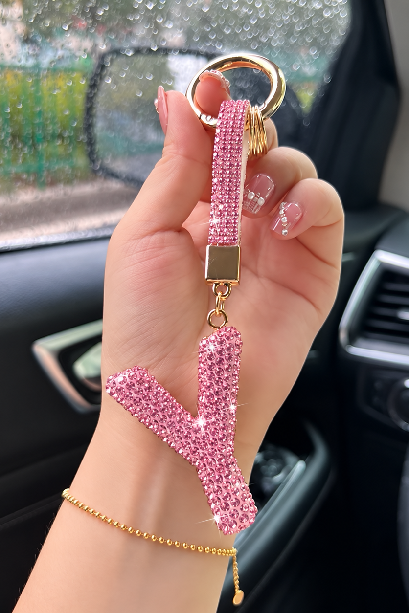 Pembe Renk Y Harf Taşlı Çanta Charm/ Anahtarlık