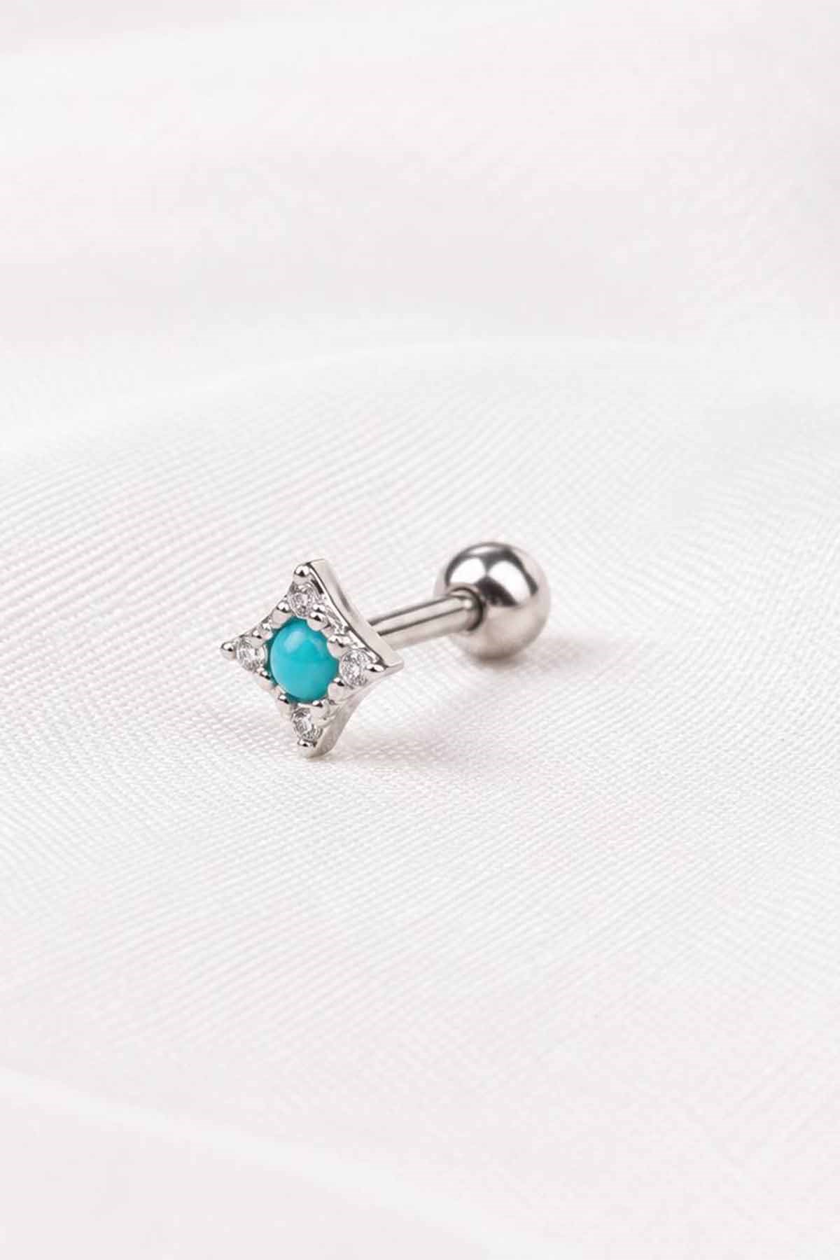 Gümüş Renk Mavi Taşlı Cerrahi Çelik Tragus/Kıkırdak Küpe/Piercing (Tek)
