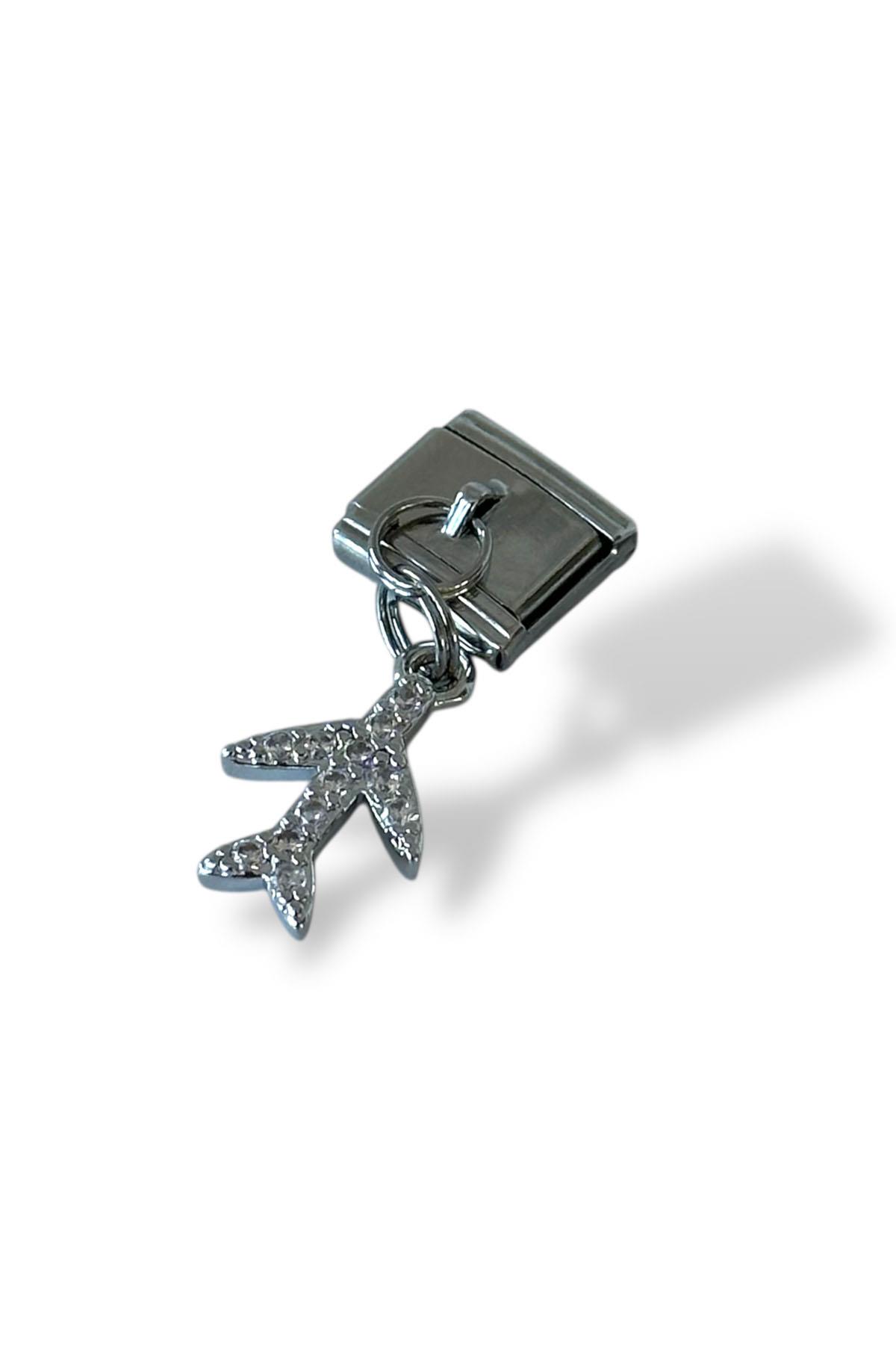 Gümüş Renk Uçak Figürlü Taş Detaylı Çelik Nomination Charm (Tek)