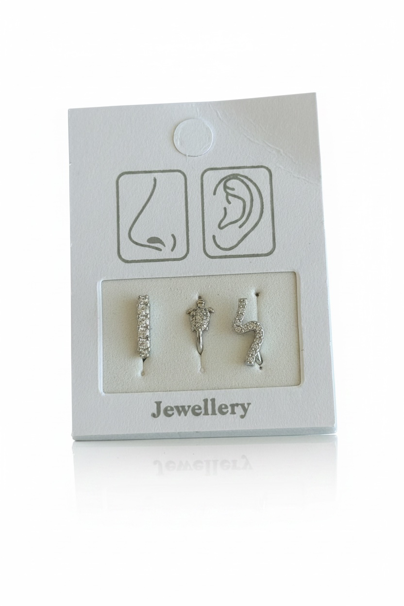 Gümüş Renk Karışık Figürlü Deliksiz Kulak/Burun 3'lü Piercing Set