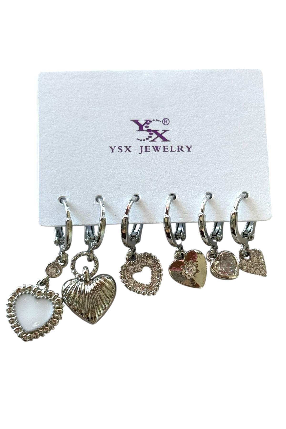 Gümüş Renk Kalp Figürlü Taş Detaylı 6'lı Küpe Set