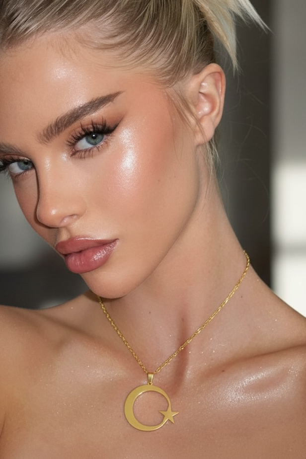 Altın Renk Ay Yıldız Figürlü Çelik Kolye