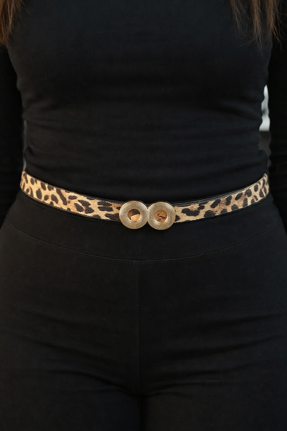 Altın Renk Leopar Desenli Kadın Deri Kemer