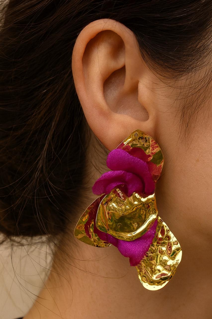 Altın Ve Mor Çiçek Detaylı Tasarım Küpe (Çift)