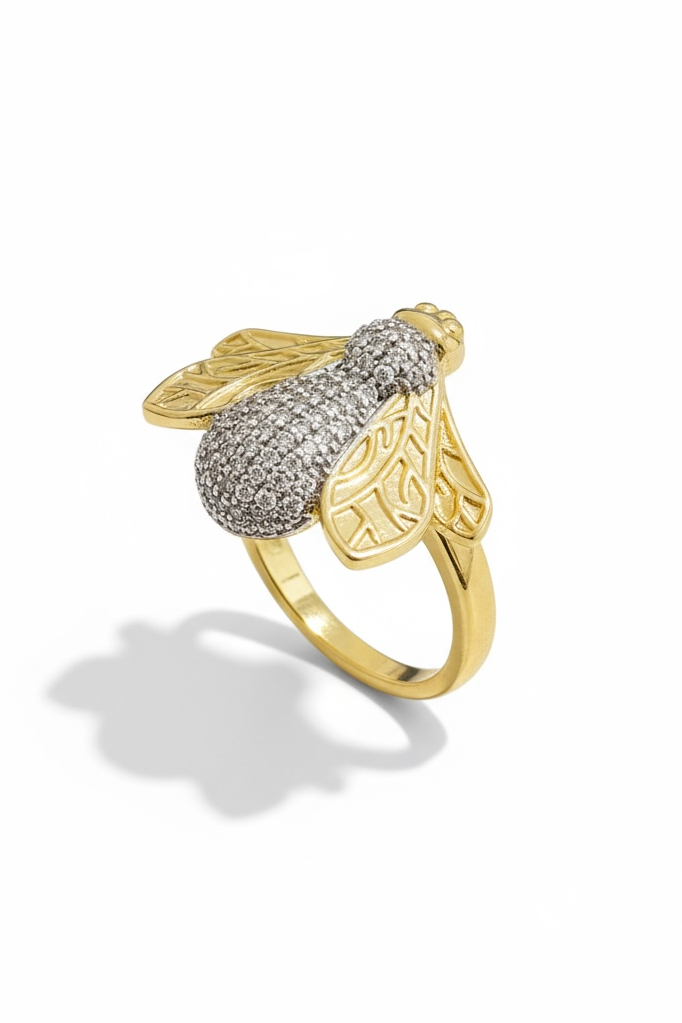 Altın Ve Gümüş Renk Arı Figürlü 14K Altın Kaplama Ayarlanabilir Yüzük