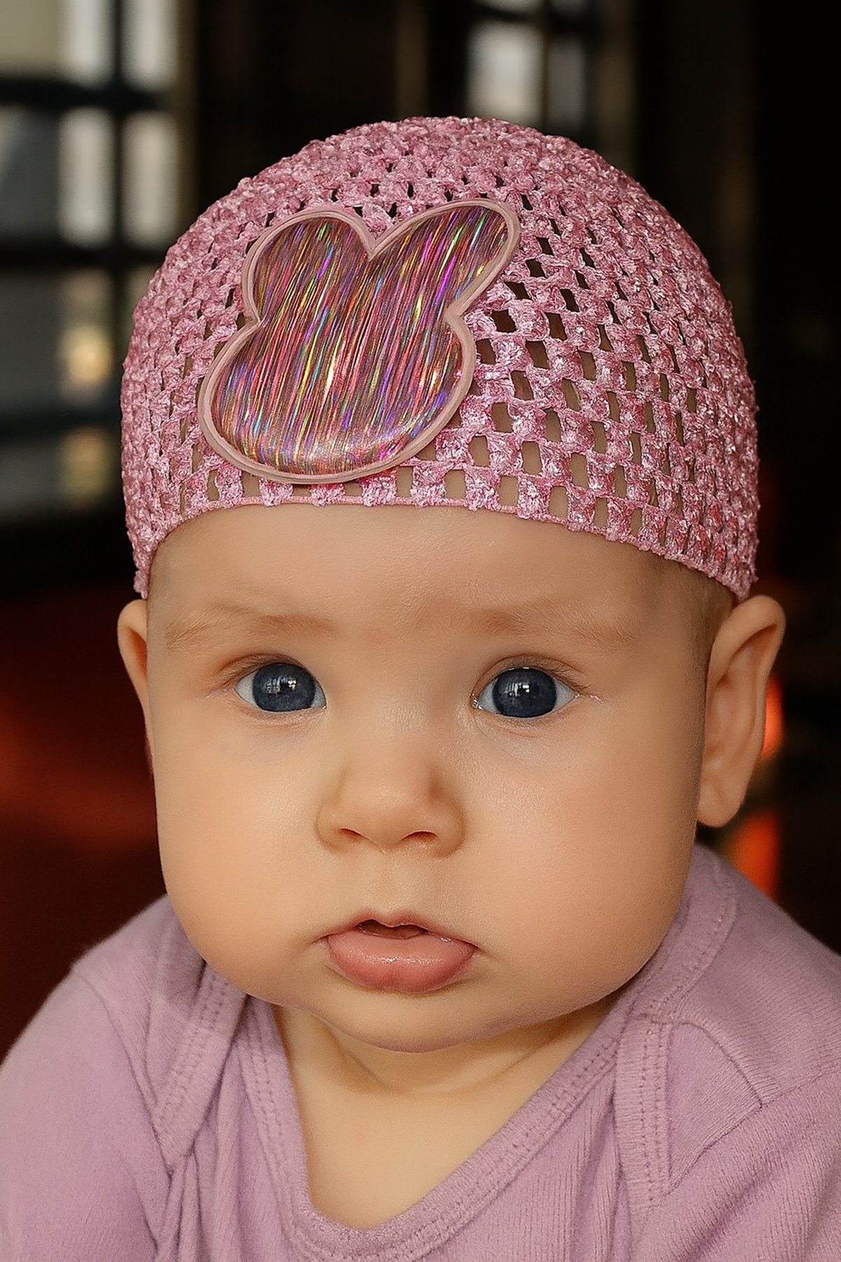 Açık Pembe Renk Tavşan Figürlü Örgü Detaylı Bebek Saç Bandı/ Saç Bonesi