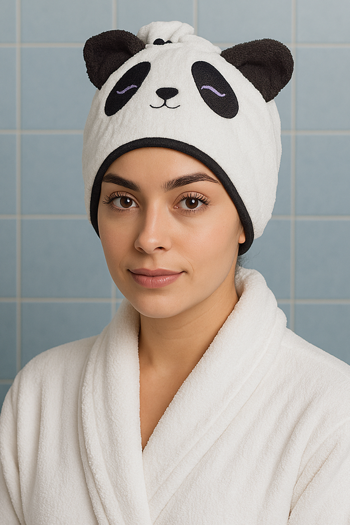 Beyaz Renk Panda Figürlü Saç Havlusu/ Bonesi Lastikli