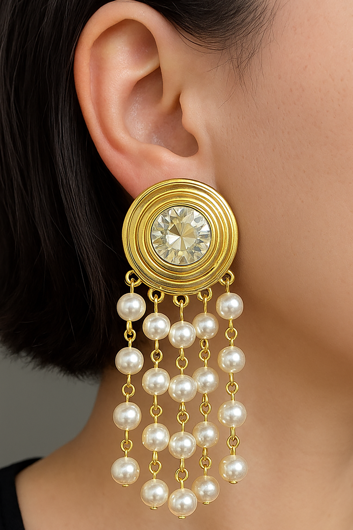 Altın Renk Taş Ve İnci Detaylı Tasarım Küpe (Çift)