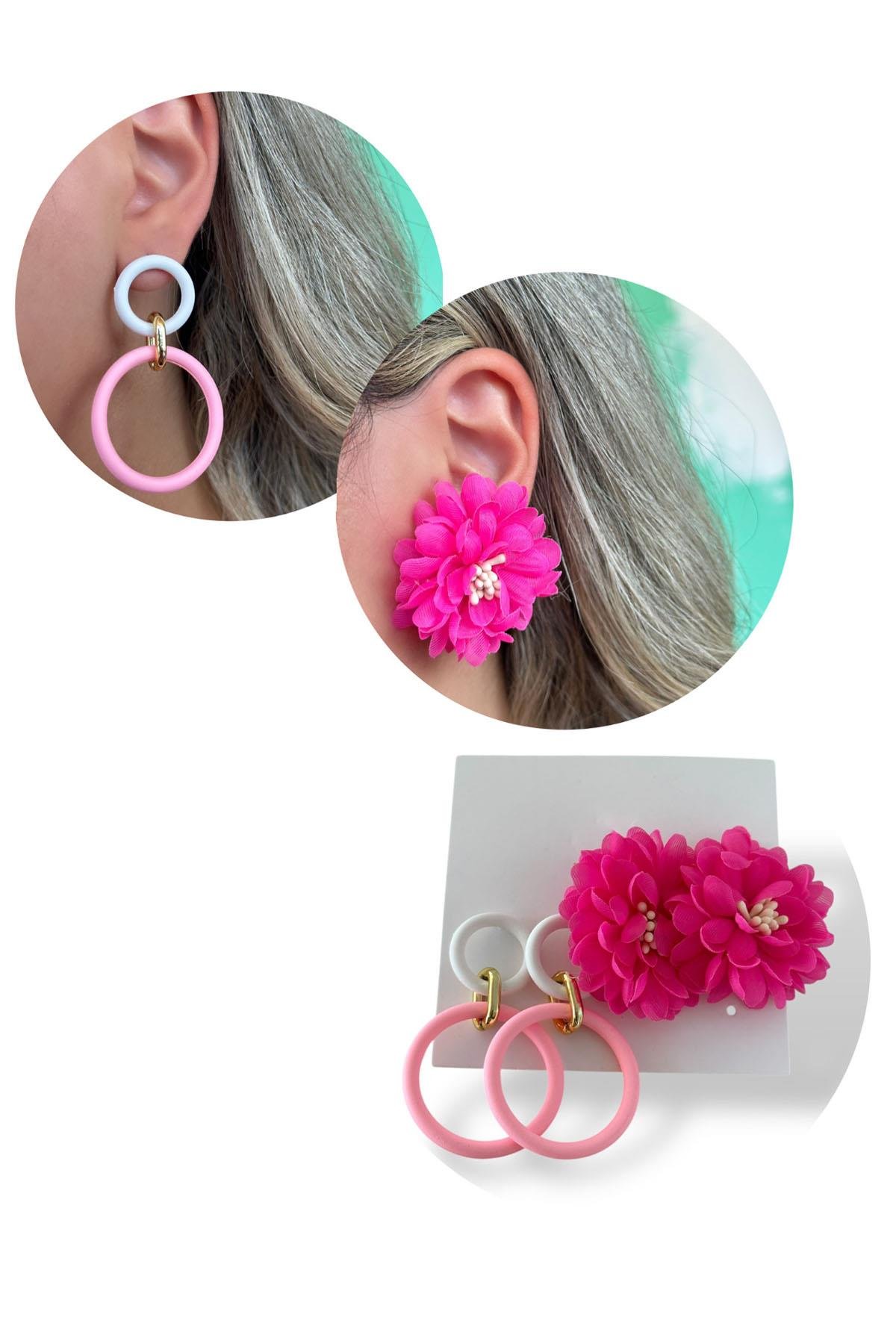 Pembe Renk Çiçek Figürlü Küpe Set