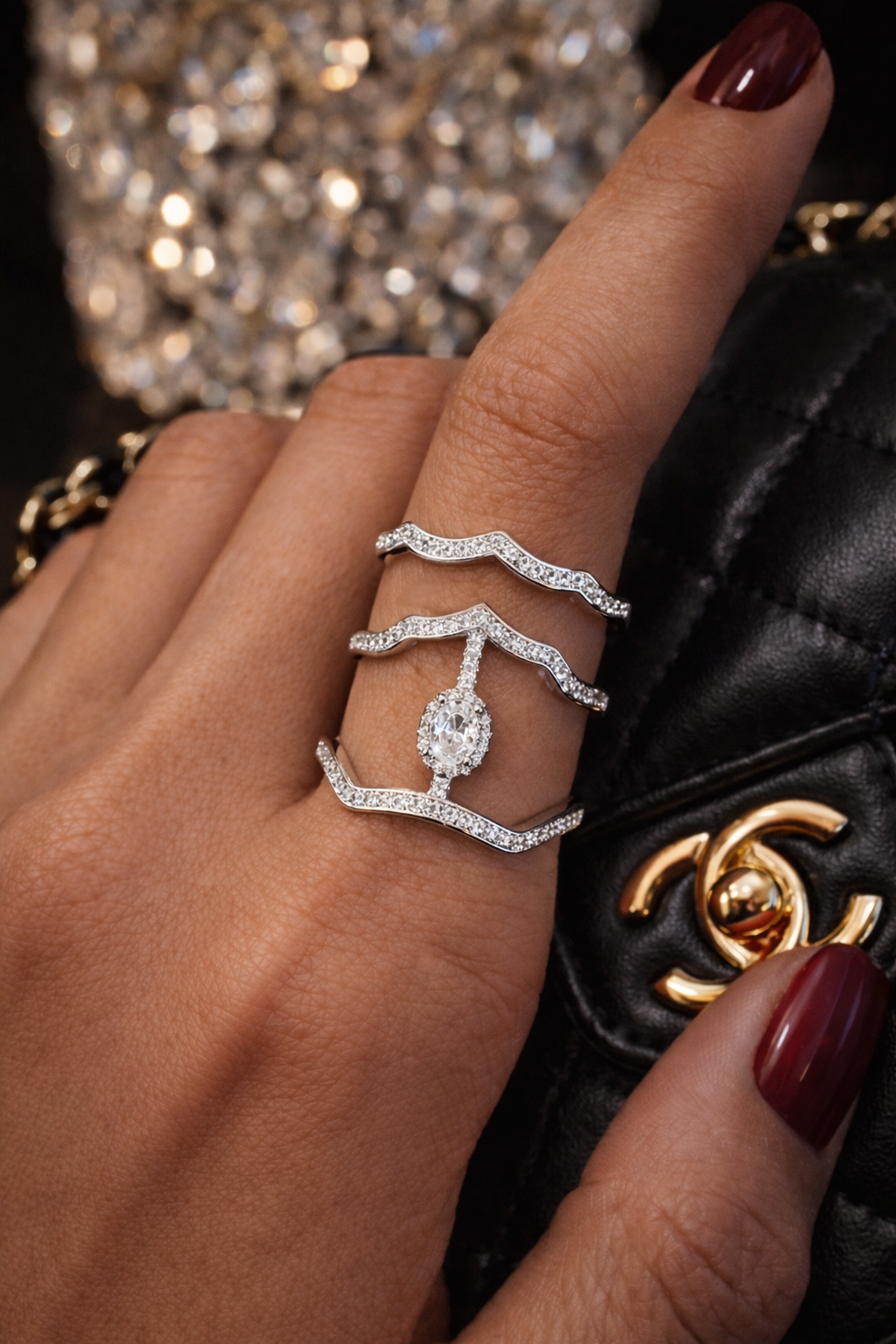 Gümüş Renk Taş Detaylı İkili Ayarlanabilir Yüzük