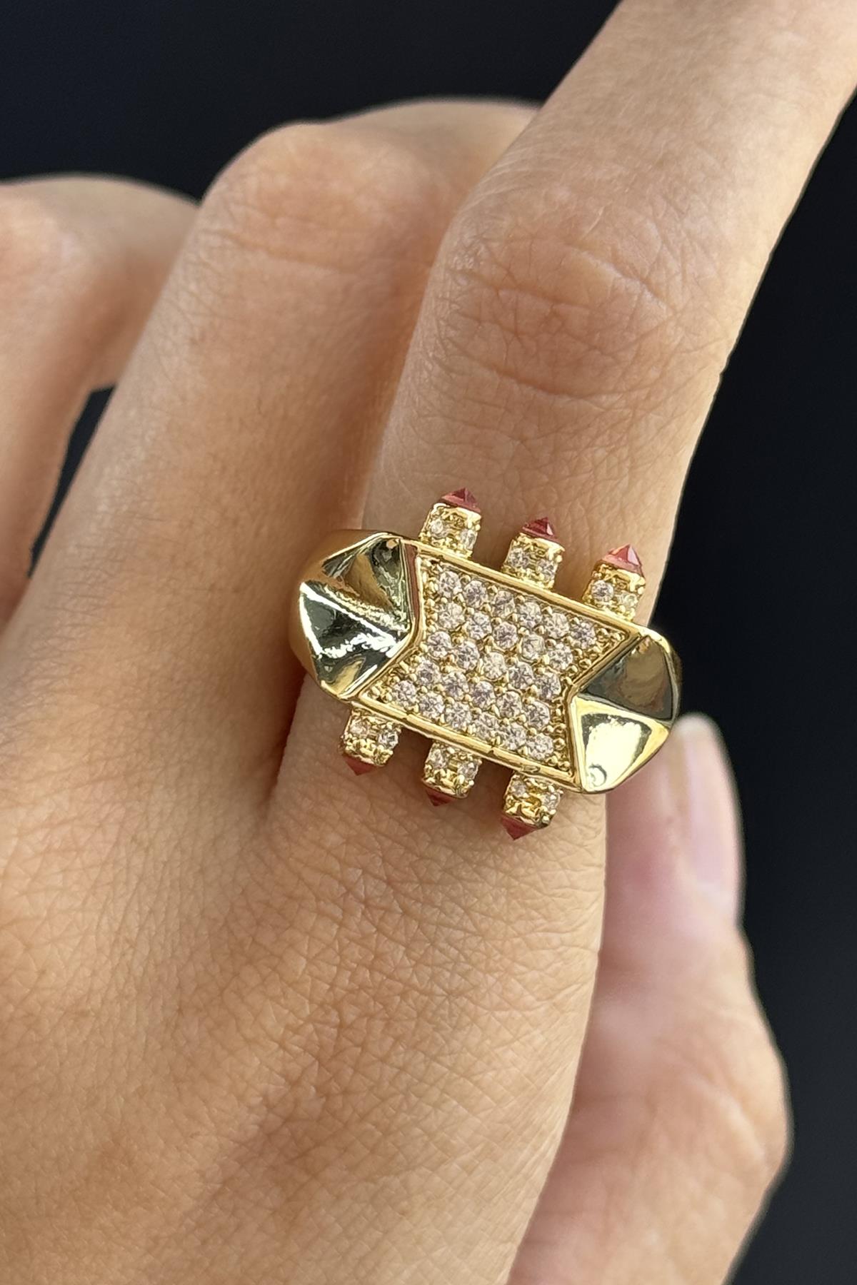 Altın Renk Taş Detaylı Ayarlanabilir Yüzük