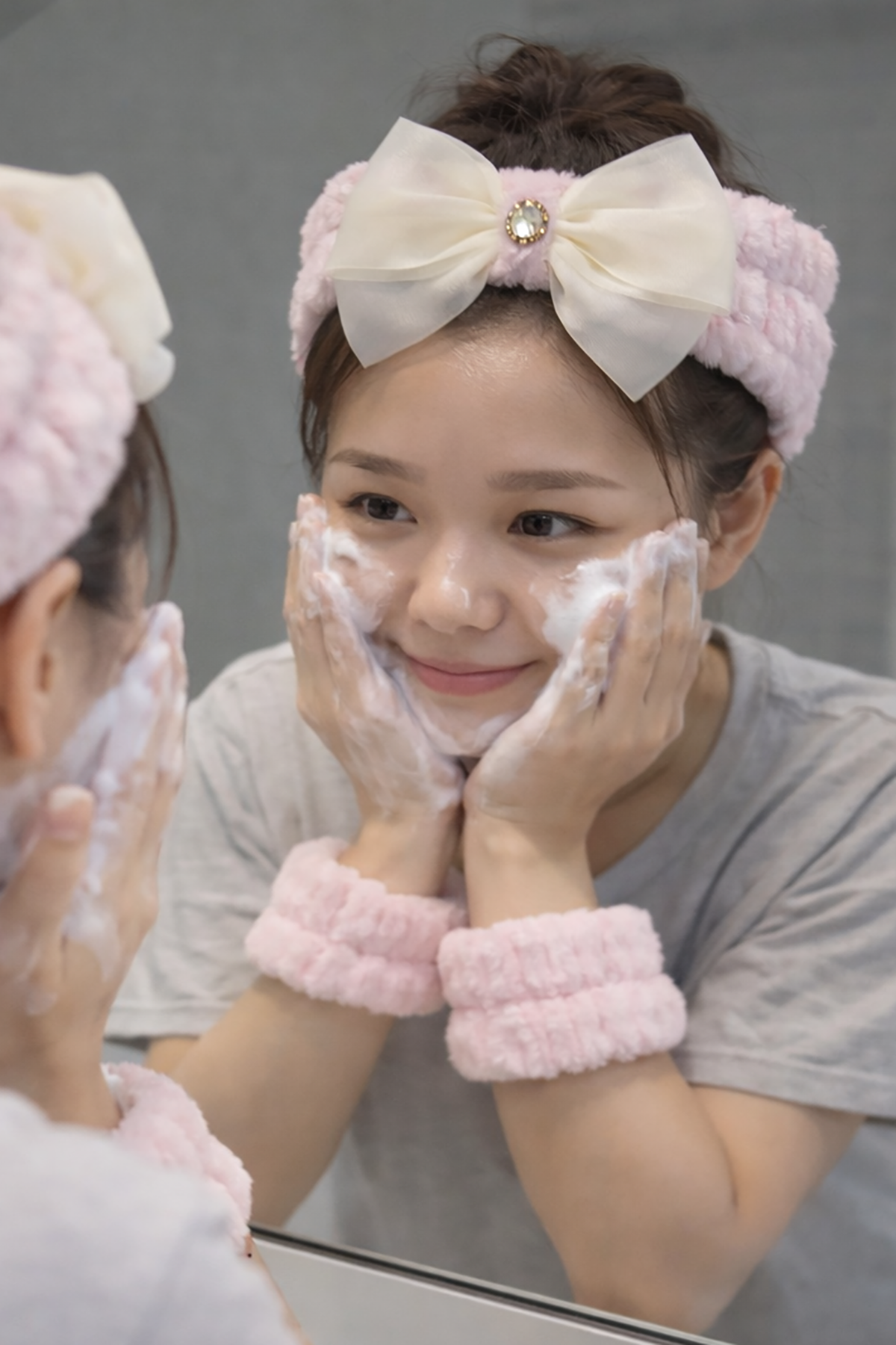 Pembe Renk Fiyonk Detaylı Su Emici Havlu Bileklik Saç Bandı 