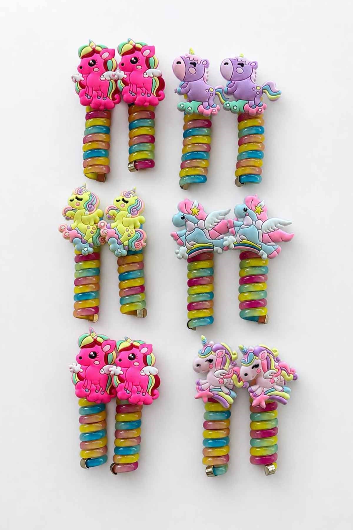 12'li Karışık Renk Unicorn Figürlü Spiral Yaylı Toka Set