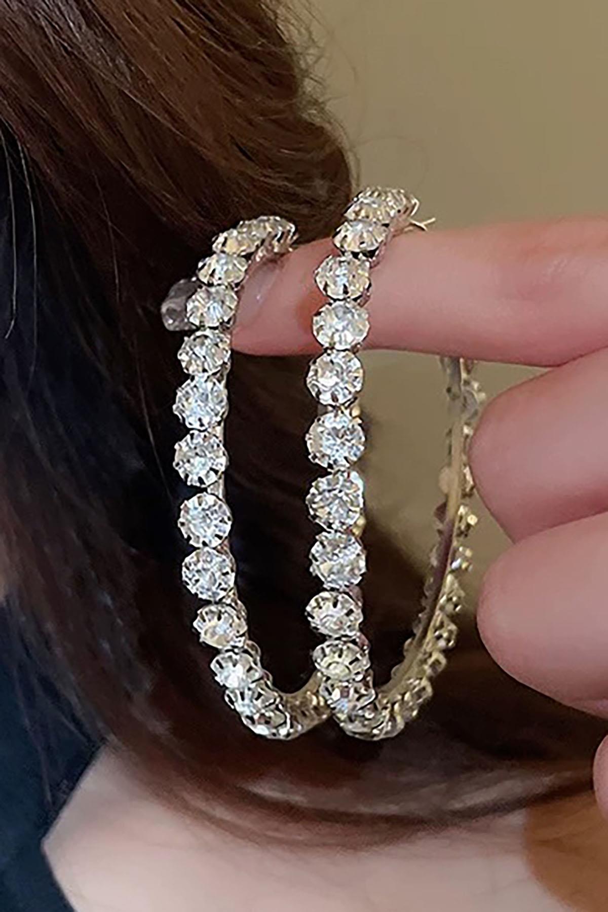 Gümüş Renk Taş Detaylı Halka Küpe 75Mm (Çift)