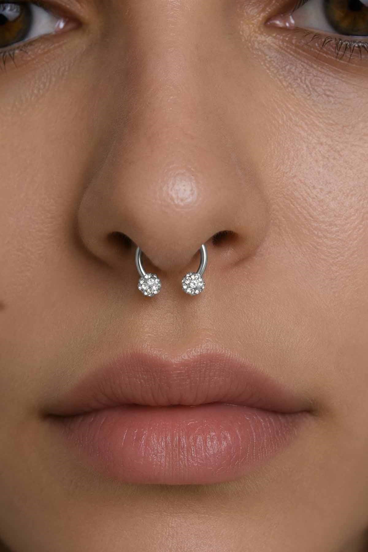 Gümüş Renk Taşlı Cerrahi Çelik  Septum Piercing