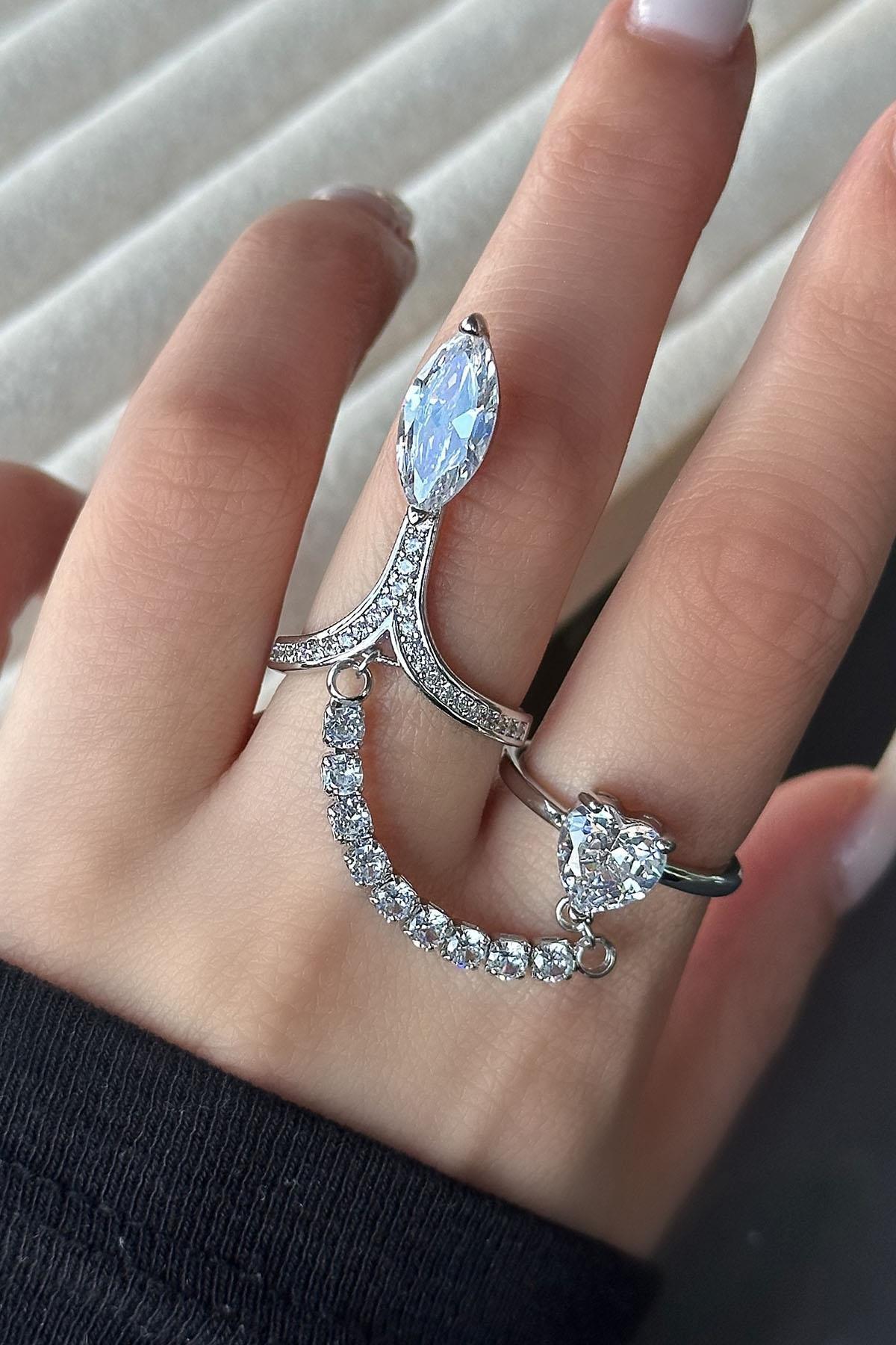 Gümüş Renk Taş Detaylı Ayarlanabilir İkili Çelik Yüzük