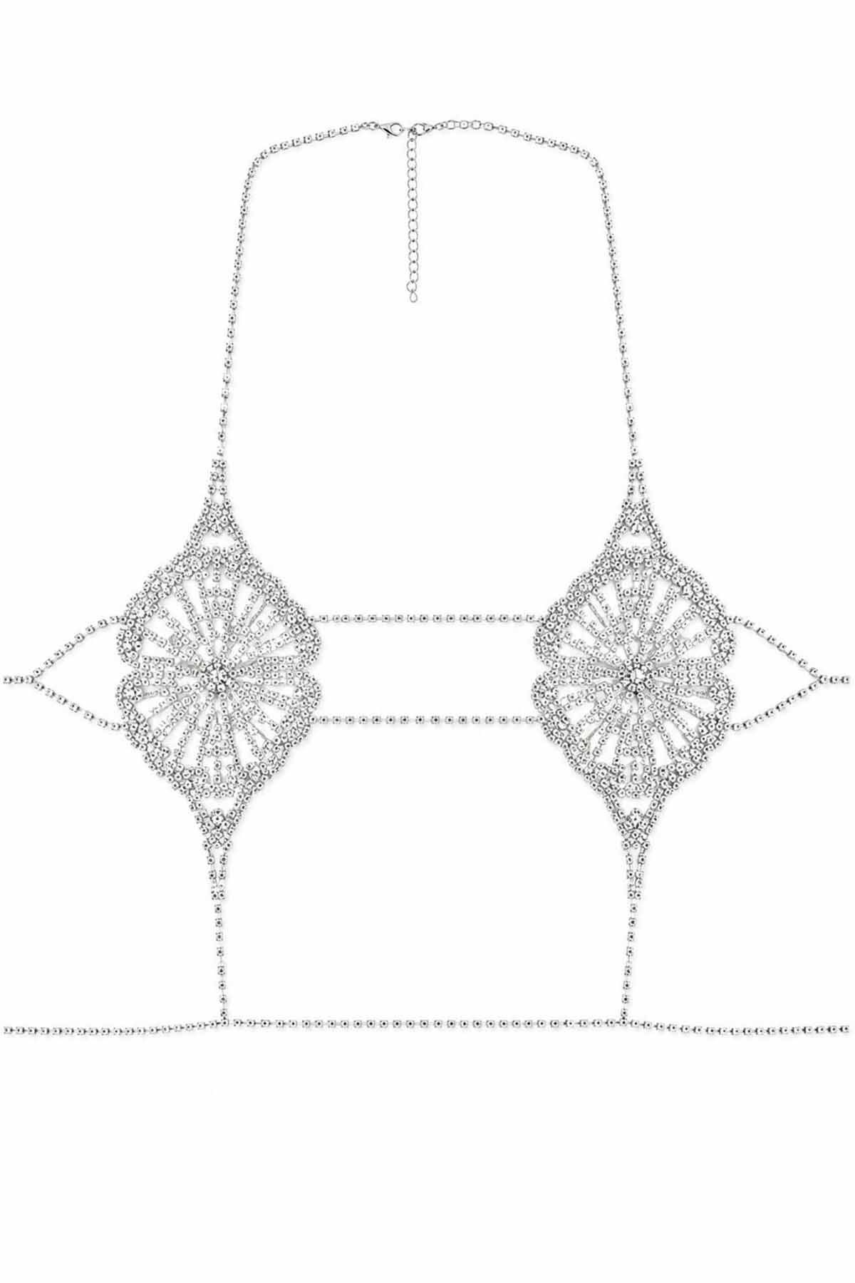 Gümüş Renk Taş Detaylı Bikini Üstü /Bralet /Vücut Aksesuarı